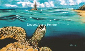 Tortue marine pastel sec (encadré)